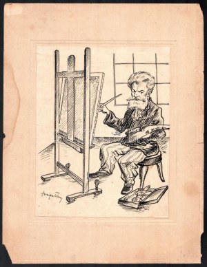 Szigethy István (1891-1966): Munkácsy Mihály fest (karikatúra v. illusztráció). Tus, papír, jelzett, kartonra kasírozva...