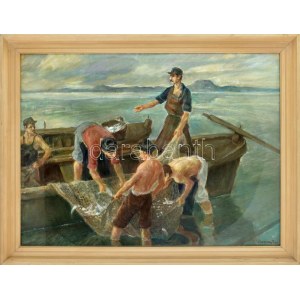Udvary Pál (1900-1987): Halászok. Olaj, vászon. Jelezve jobbra lent. Üvegezett fakeretben...