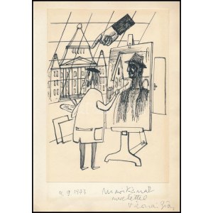 Várnai György (1921-1991): A festő műtermében (karikatúra). Tus, papír. Jelezve jobbra lent...