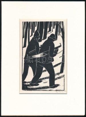 Gáborjáni Szabó Kálmán (1897-1955): Favágók, fametszet, papír, utólagos jelzéssel, paszpartuban, 15,5x9...