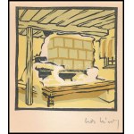 Kós Károly (1883-1977): Házbelső. Linómetszet, papír, utólagos jelzéssel, 10,5×10,5 cm