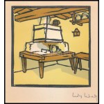 Kós Károly (1883-1977): Házbelső. Linómetszet, papír, utólagos jelzéssel, 10,5×10,5 cm