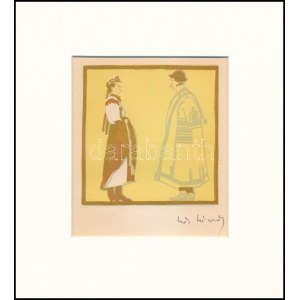 Kós Károly (1883-1977): Népviseletben. Linómetszet, papír, utólagos jelzéssel, 10,5×10,5 cm