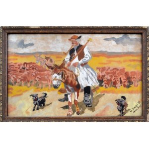 Bagi D. jelzéssel: Pásztor kutyákkal. Akvarell, papír. Üvegezett fakeretben. 21x34 cm