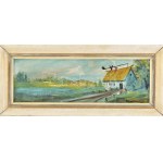 Iványi Grünwald Béla jelzéssel: Tanya. Olaj, karton. Dekoratív fakeretben. 14x43 cm