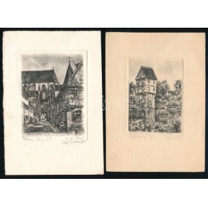 Olvashatatlan jelzéssel: Rothenburg ob der Tauber, 2 db rézkarc, papír, 9,5x7 cm és 8x5,5 cm