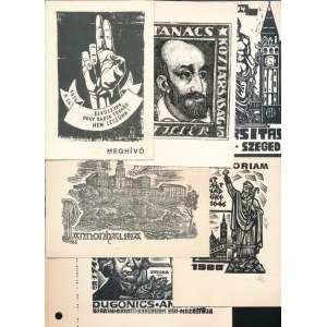 10 db vegyes grafika (linómetszet, ex libris, meghívó, stb.), 16x11 cm körül