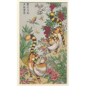 1911 Kínai metszet litho nyomata macskák és pillangók 11x19 cm Paszpartuban