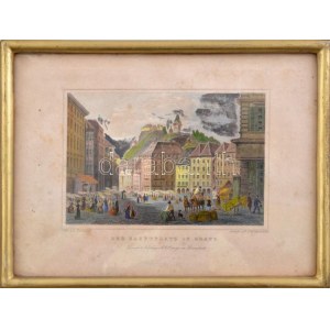 Ludwig Rohbock (1820-1883) - Franz Hablitschek (1824-1867): Graz főtere. Színezett acélmetszet, papír...