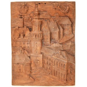 Steinbach jelzéssel: Soproni városkép. Fali kerámia, Kis kopásokkal, 34x26 cm