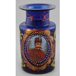 Díszváza, matricás, festett üveg, Mozaffar ad-Din Shah Qajar (1853-1906) perzsa Sahh képmásával, kopott, m...
