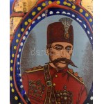Díszváza, matricás, festett üveg, Mozaffar ad-Din Shah Qajar (1853-1906) perzsa Sahh képmásával, kopott, m...
