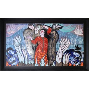 Stefániay Edit (1936 - ): Égben lebegő csarnok. 2008. Tűzzománc. Kis sérüléssel. 60x110cm