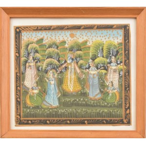 Jelzés nélkül: 7 női alak. Festett nepáli selyemkép, üvegezett fakeretben, 19x22 cm