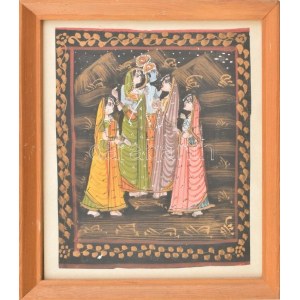 Jelzés nélkül: 5 női alak. Festett nepáli selyemkép, XX. sz., üvegezett fakeretben, 21x17 cm