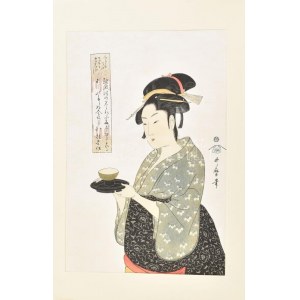 Kitagawa Utamaro (1753-1806): Okita. Reprodukciós fametszet, papír, jelzett, 38,5x25,5 cm. Okita e portréja...