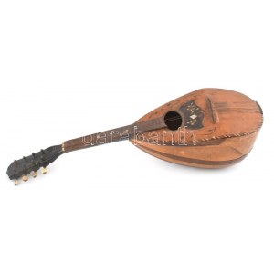 Stradini mandolin, eredeti dobozában, sérült, kopott, állapotban, h: 60 cm