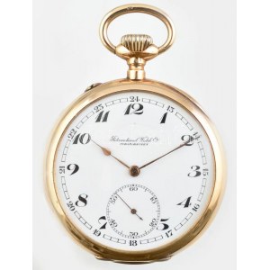 cca 1905-10 IWC (JWC) 14K arany zsebóra, dupla fedelű. Jelzett tokkal, szerkezettel. Működő szerkezettel. d: 50 mm...