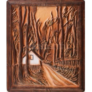Belt bőrstúdió: Erdei ház. Bőrkép, kopásnyomokkal, hátoldalán sérült etikett, 52x44cm