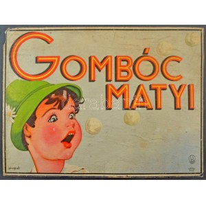 Gombóc Matyi társasjáték fedele, Pályi Jenő (1903-1953) grafikája, karton, Piatnik fotooffset, sérült...