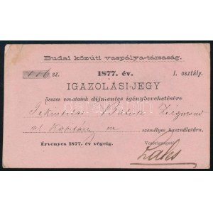 1877 Budai közúti vaspályatársaság igazolási jegy díjmentes utazásra