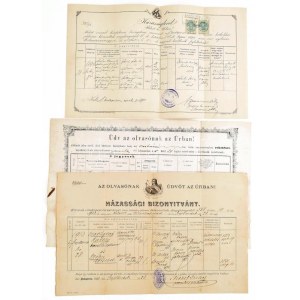 1880-1913 Bp.-Orosháza, 3 db házassági anyakönyvi kivonat, okmánybélyegekkel
