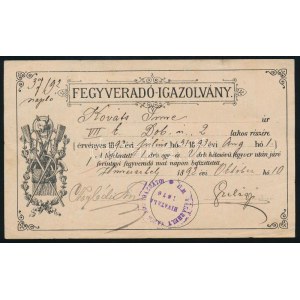 1892 Hódmezővásárhely, Fegyveradó-igazolvány, vadász motívumokkal illusztrálva