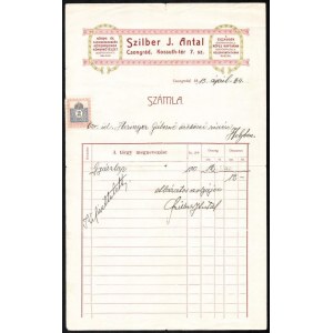 1913 Csongrád, Szilber J. Antal könyv- és papírkereskedő fejléces számlája 100 db gyászlapról, saját kezű aláírásával...