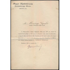 1919 Bp., Magyar Népköztársaság kereskedelemügyi minisztere által küldött előléptetési levél...