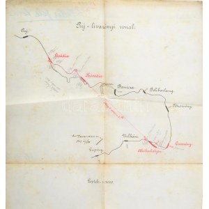 1909 Puj-livazényi vasút vonalának kézzel rajzolt térképe, 1:750000, magyar nyelvű feliratokkal...