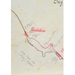 1909 Puj-livazényi vasút vonalának kézzel rajzolt térképe, 1:750000, magyar nyelvű feliratokkal...