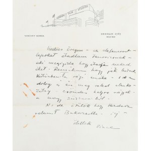cca 1940 Vincent Korda (1897-1979) díszlettervező saját kézzel írt sorai Szolnay Sándor (1893-1950) festőművész részére...