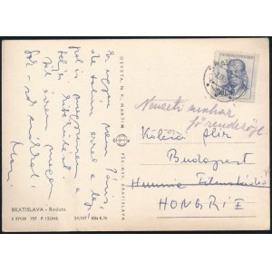 1957 Törőcsik Mari (1935-2021) színésznő által írt képeslap Kölcsei Aliz jelmeztervezőnek, Marton Endre...