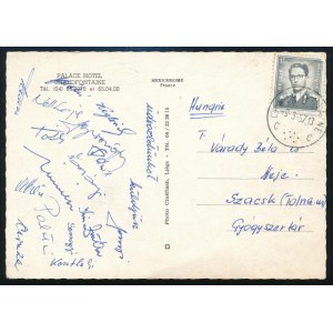 1967 Chaudfontaine, a Rába Vasas ETO labdarúgóinak aláírásai hazaküldött képeslapon: Nell Lajos, Keglovid, Tóth...