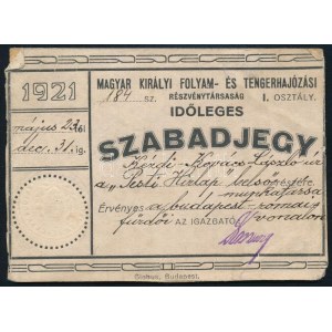 1921 MFTR Magyar Királyi Folyam- és Tengerhajózási Rt. I. osztályú időleges, fényképes, 184. sz. szabadjegye Kézdi...