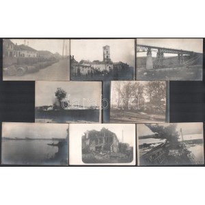 cca 1914-1918 Háborús képek, felrobbantott hidak, viadukt, hajó, megfigyelőállás, szétlőtt házak, stb., 12 db fotó...