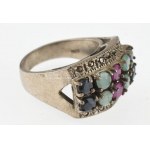 Ezüst (Ag/925) Női gyűrű törmelék smaragddal és rubinnal ékítve. br:10,9g, m:59, jelzett