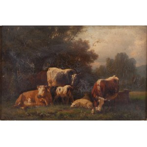 Autor nieznany, Krowy na pastwisku