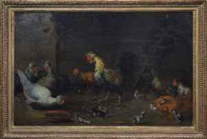 Melchior DE HONDECOETER (1636-1695), Kogut z kurą i pisklętami [Podwórze z kurami]