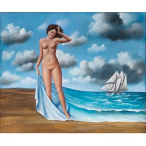 Rafal Olbinski (b. 1943 Kielce), Love is a sea whose shore is a woman, 2022.