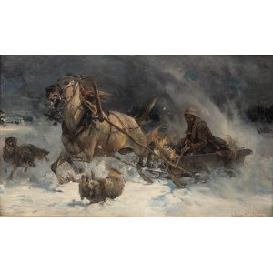 Alfred Wierusz-Kowalski (1849 Suwałki - 1915 München), Wilki atakujące sanie (Wölfe greifen Schlitten an)