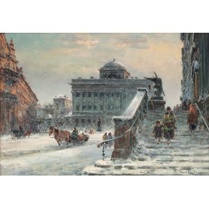 Wladyslaw Chmielinski (1911 Warsaw - 1979 there), View of Staszic Palace and the steps of the Holy Cross Church.