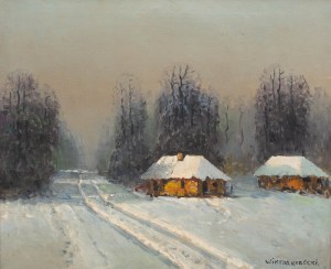 Wiktor Korecki (1890 Kamieniec Podolski - 1980 Milanówek), Pejzaż zimowy z chatami