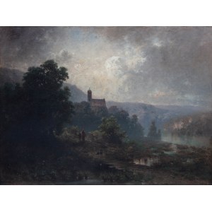 Aleksander Władysław Malecki (1836 Masłów -1900 Szydłowiec), Landschaft mit Silhouette einer Kirche (Gebirgslandschaft, Landschaft aus der Umgebung von München), 1869.