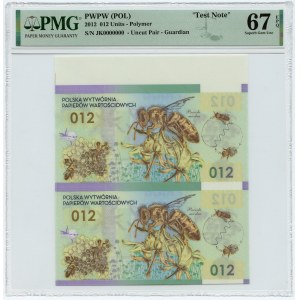PWPW, Pszczoła miodna 012 arkusz 2 sztuk - seria JK 0000000 - PMG 67 EPQ