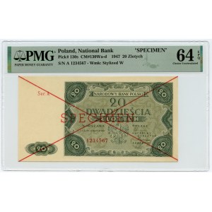 20 złotych 1947 - seria A WZÓR/SPECIMEN - PMG 64 EPQ