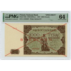 1.000 złotych 1947 - seria A 1234567 - WZÓR - PMG 64