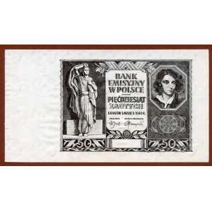 Black print of obverse of 50 zloty 1940 - without series and numbering - water zank