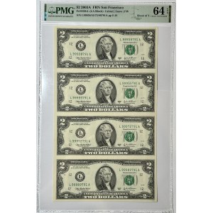 US $2 2003 - Blatt mit 4 Banknoten - PMG 64 EPQ