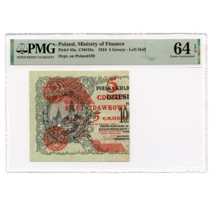 Bilet zdawkowy - 5 groszy 1924 - lewa połowa - PMG 64 EPQ